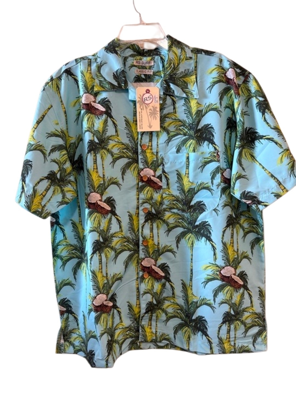 RS Surf Light Blue Coconut Palm Tree Print Short Sleeve Button Down Shirt Size M